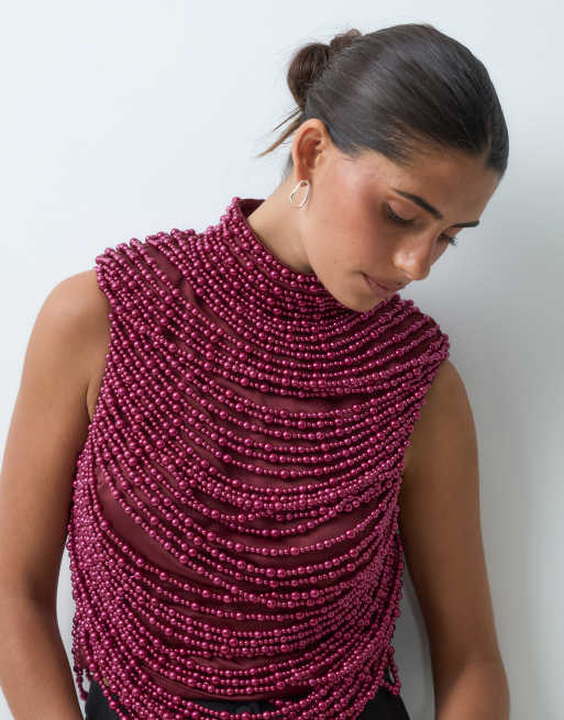 ASOS LUXE high neck beaded top in burgundy, 3 of 5