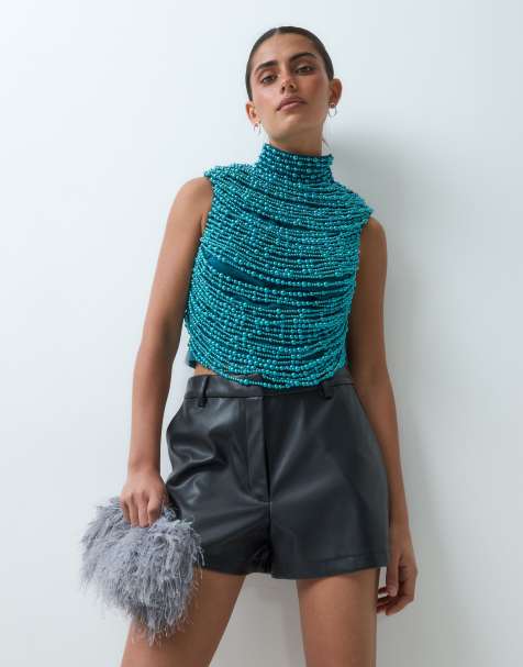 ASOS LUXE high neck beaded top in deep green