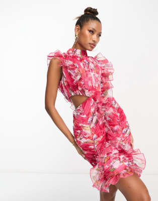 high neck ruffle mini dress in ditsy floral-Multi