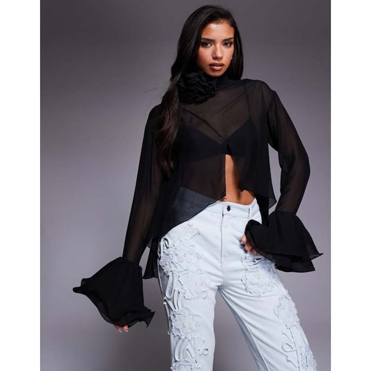 ASOS LUXE high neck sheer top with corsage detail in black | ASOS