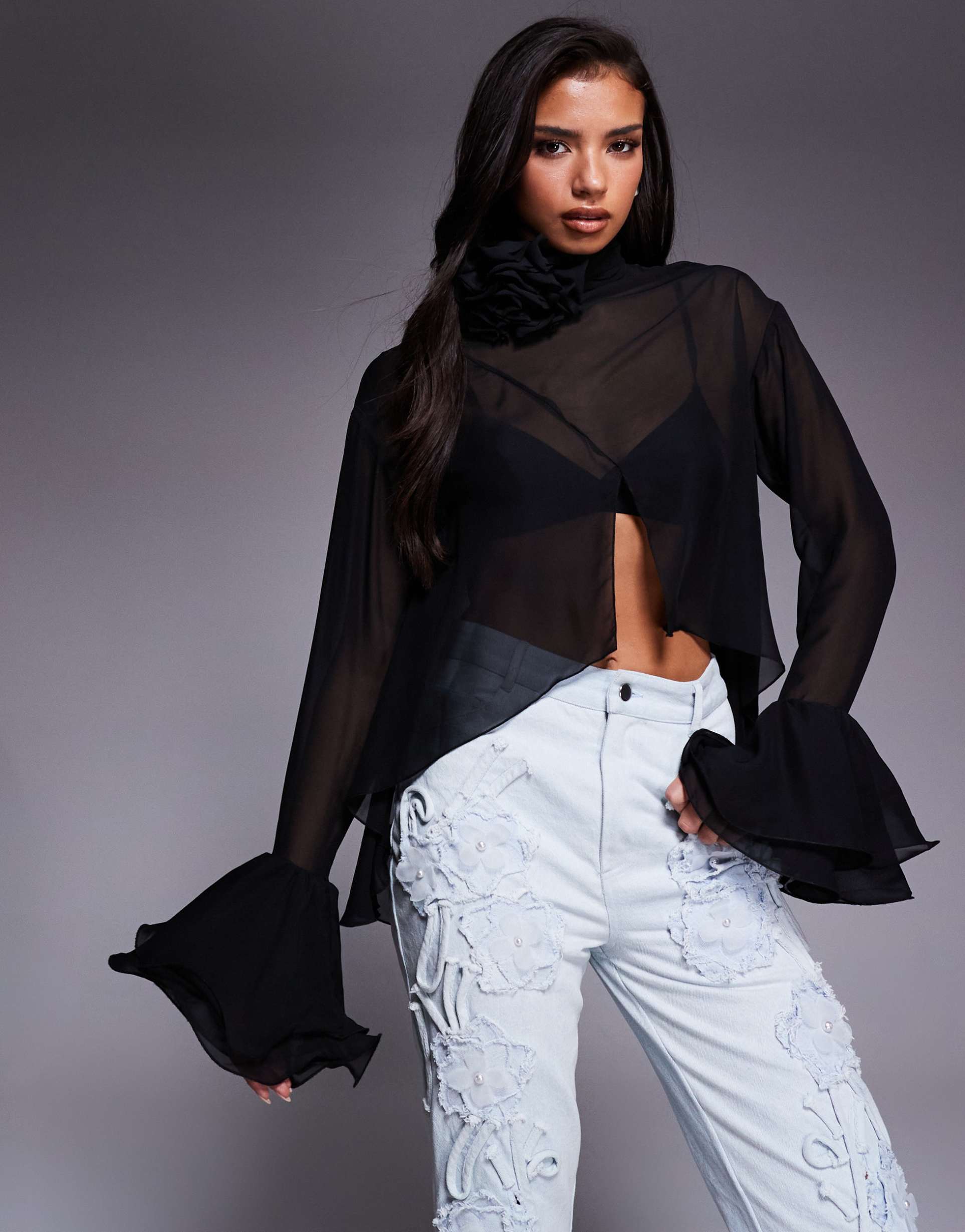 asos luxe high neck sheer top with corsage detail in black