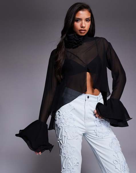 ASOS LUXE high neck sheer top with corsage detail in black
