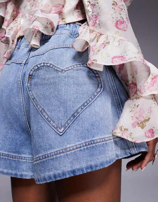 ASOS LUXE high waist flippy short with heart pocket in mid wash blue