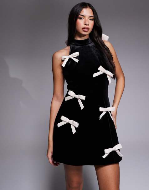 ASOS LUXE - Hoogsluitende fluwelen mini-jurk met strikdetails in zwart - view 1