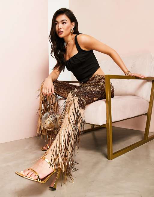 ASOS LUXE – Hose mit Fransenverzierung und Farbverlauf in Braun, 3 von 4