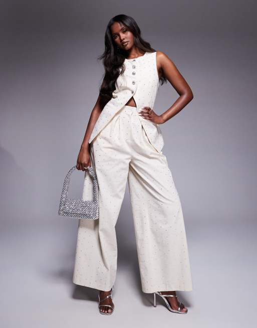 ASOS LUXE hot fix linen wide leg pants in stone (part of a set)
