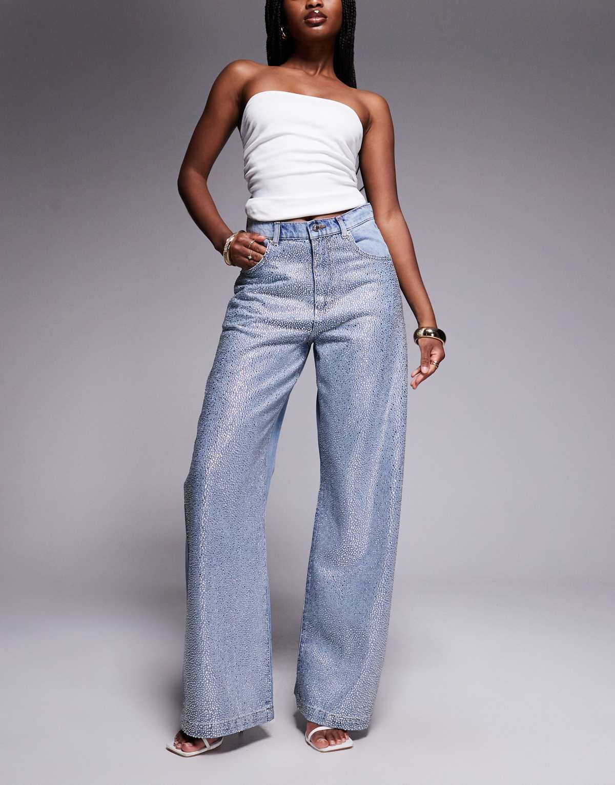ASOS LUXE hotfix embellished barrel jeans in light blue