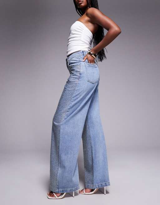 ASOS LUXE hotfix embellished wide leg jeans in light blue, 3 of 5