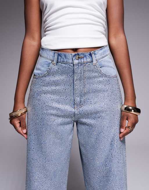 ASOS LUXE hotfix embellished wide leg jeans in light blue, 5 of 5