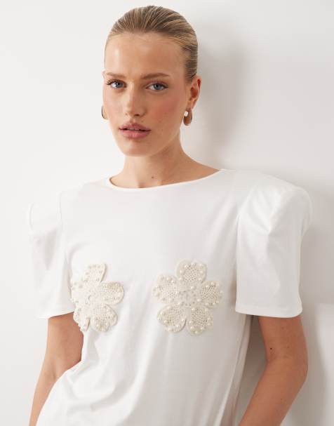 ASOS LUXE - Hvid hæklet T-shirt med blomsterudsmykninger - view 1