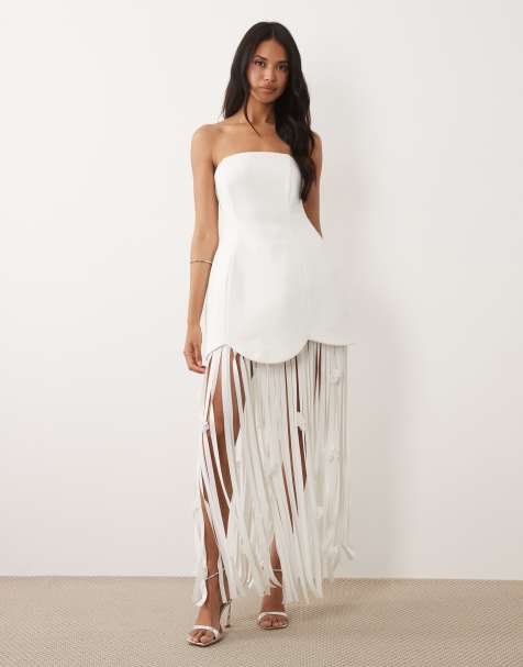 ASOS LUXE - Hvid kjole med bandeau-snit og nederdel med frynser - view 1