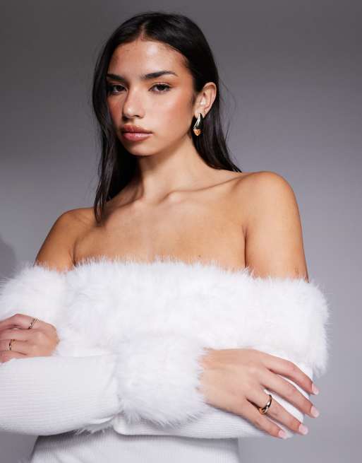 ASOS LUXE - Hvid strikket bardot-minikjole med imiterede pelsdetaljer, 4 af 4