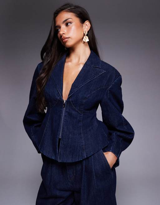 ASOS LUXE - Indigoblå korset-top med lynlås foran i denim - Del af sæt, 3 af 4