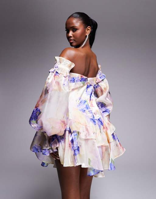 ASOS LUXE iridescent organza off shoulder bow front mini dress in buttermilk floral