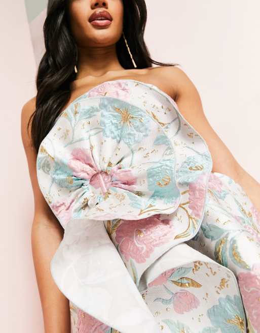 ASOS LUXE jacquard bandeau corsage flower skater mini dress in gold & pink  bubble floral | ASOS