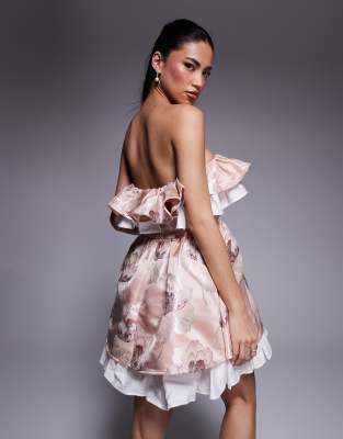 Asos Luxe Jacquard Bandeau Skater Mini Dress With Pleated Poplin In Pink