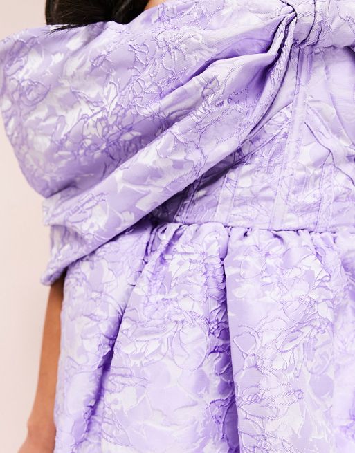 ASOS LUXE jacquard bardot corsetted bubble hem mini dress in lilac
