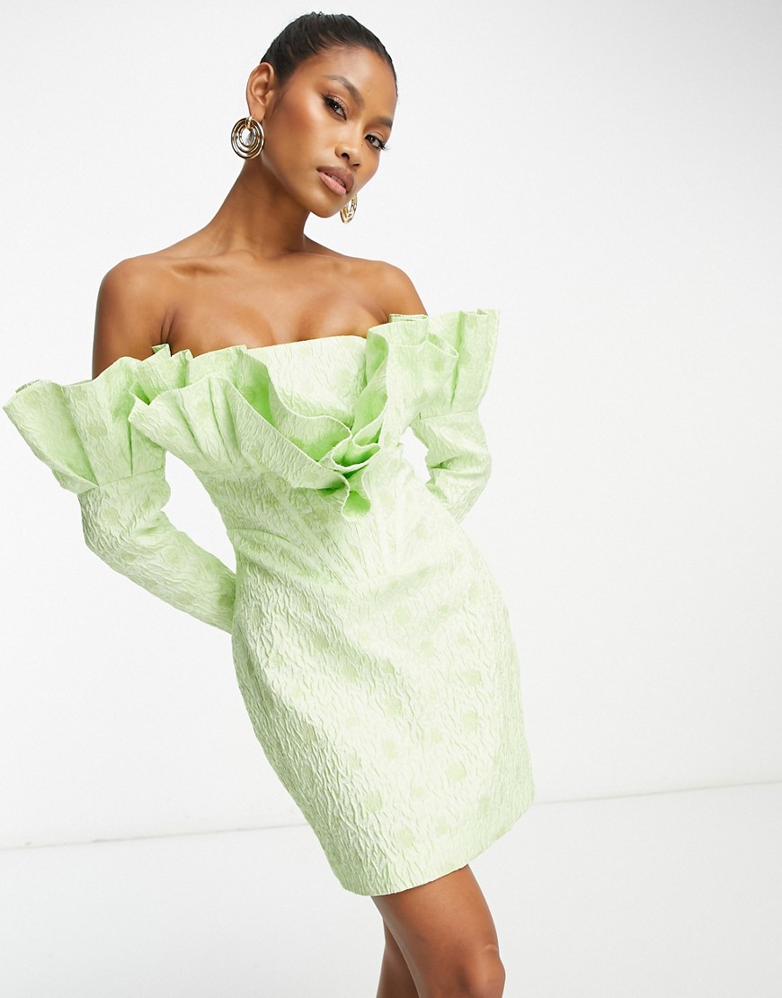 ASOS LUXE jacquard bardot fan top long sleeve mini dress in green print