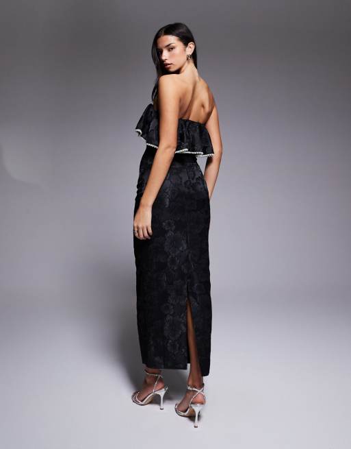 ASOS LUXE jacquard bardot maxi dress with pearl trim in black, 2 of 4