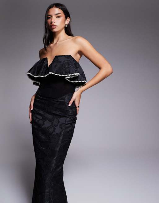 ASOS LUXE jacquard bardot maxi dress with pearl trim in black, 3 of 4