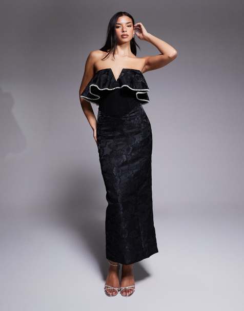 ASOS LUXE jacquard bardot maxi dress with pearl trim in black