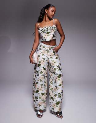 ASOS LUXE jacquard barrel leg pants and 3D floral top set in