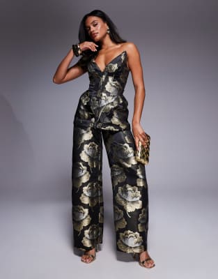 ASOS LUXE jacquard barrel pants in black and gold floral-Multi