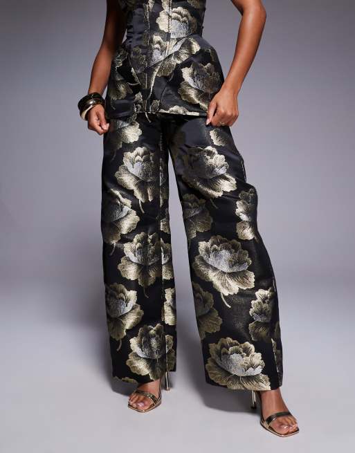 ASOS LUXE jacquard barrel pants in black and gold floral