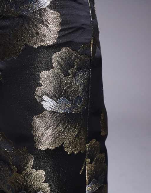 ASOS LUXE jacquard barrel pants in black and gold floral