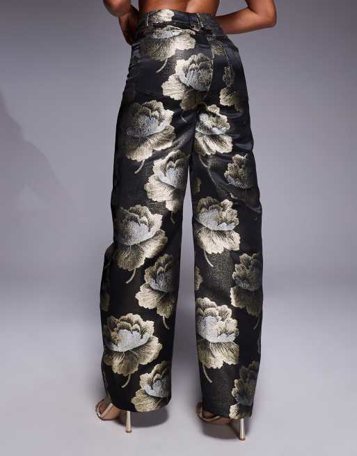 ASOS LUXE jacquard barrel pants in black and gold floral