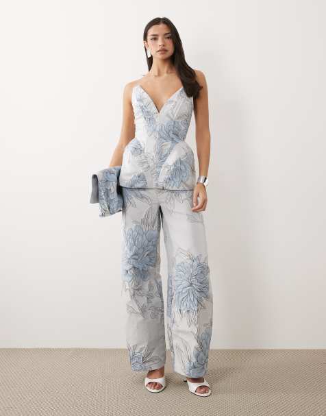 ASOS LUXE jacquard barrel pants in blue floral - part of a set - view 1