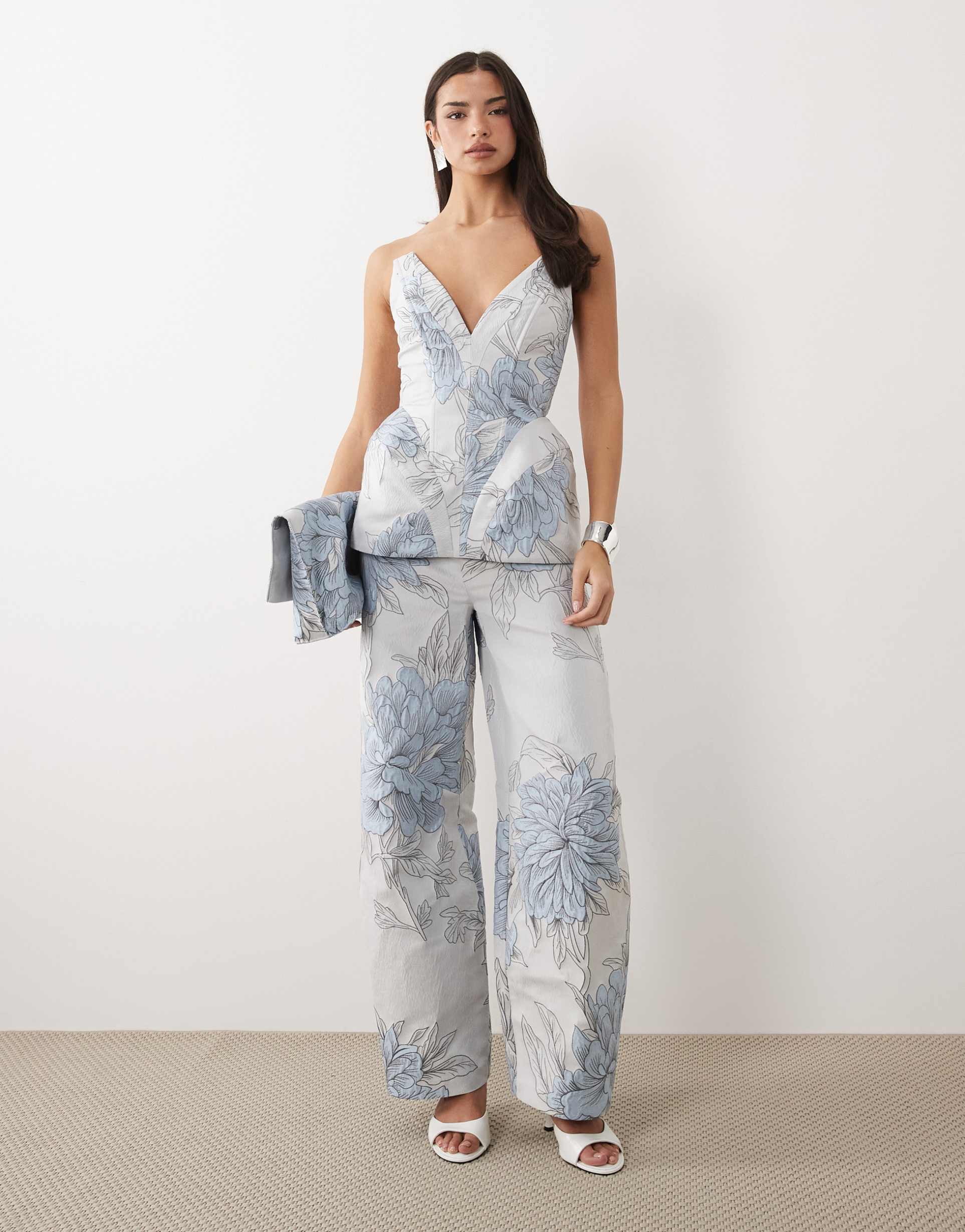 asos luxe jacquard barrel pants in blue floral - part of a set