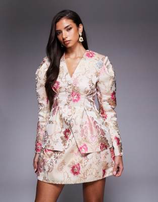 ASOS LUXE - Jacquard-Blazer in Weiß mit Blumenmuster sowie betonter Schulter- und Taillenpartie, Kombiteil-Bunt