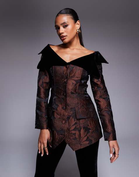 ASOS LUXE - Jacquard blazer met blote schouders en fluwelen details met bloemenprint in chocoladebruin, deel van co-ord set - view 1