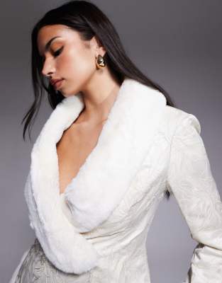 Asos Luxe Jacquard Blazer With Faux Fur Trim In White