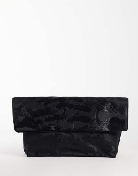 ASOS LUXE jacquard blød foldover-clutch i sort og guld - view 1