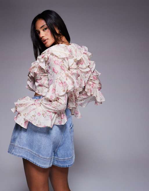 ASOS LUXE - Jacquard blouse met overdreven ruches in roze bloemenprint , 3 van 4