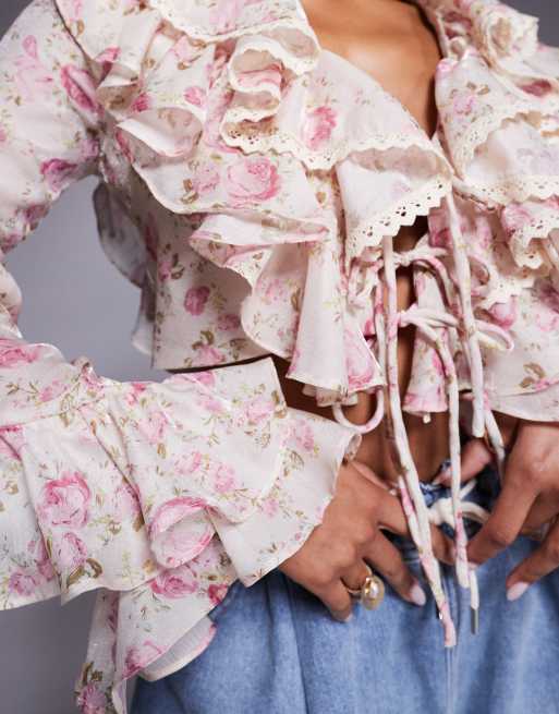 ASOS LUXE - Jacquard blouse met overdreven ruches in roze bloemenprint , 4 van 4