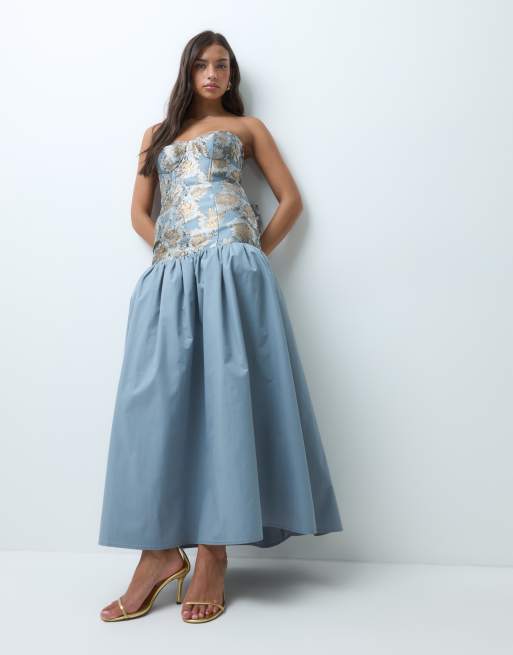 ASOS LUXE jacquard bodice drop waist maxi dress with bow back in blue jacquard, 2 of 5