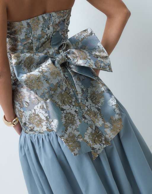 ASOS LUXE jacquard bodice drop waist maxi dress with bow back in blue jacquard, 5 of 5