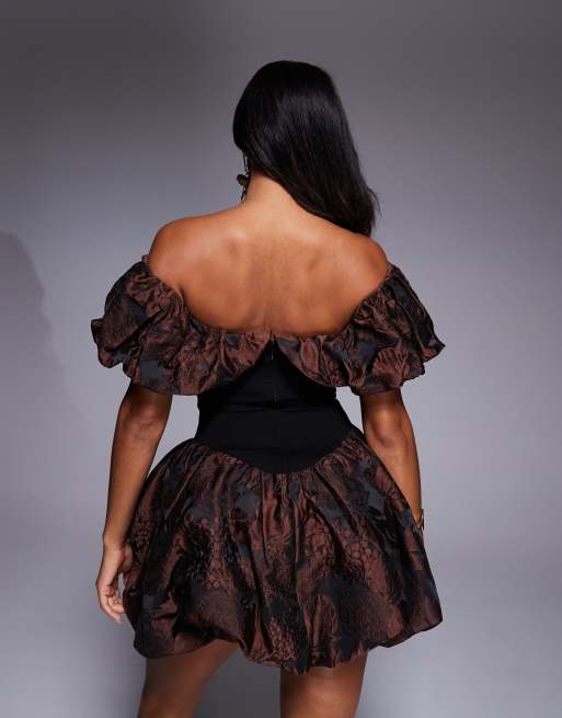 ASOS LUXE jacquard bubble off shoulder mini dress in chocolate floral
