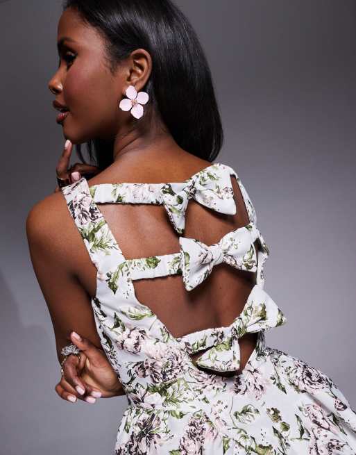 ASOS LUXE jacquard cinched waist skater mini with bow back in tapestry floral