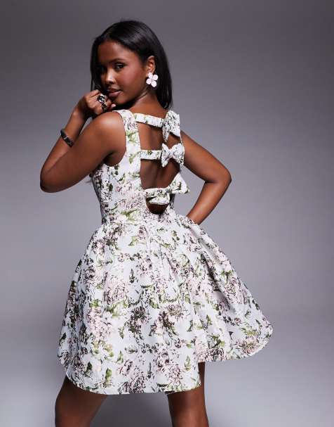 ASOS LUXE jacquard cinched waist skater mini with bow back in vintage floral - view 1