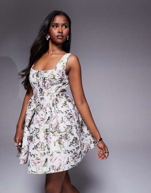 ASOS LUXE jacquard cinched waist skater mini with bow back in vintage floral, 3 of 4