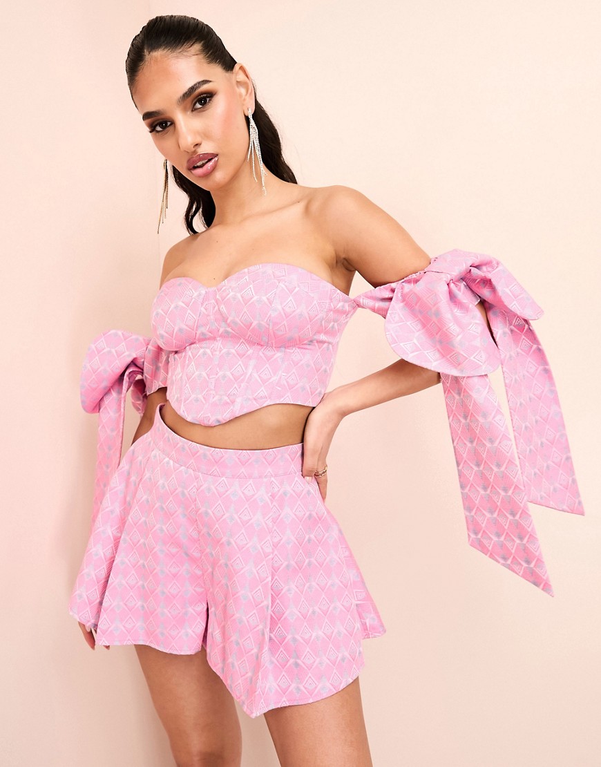 ASOS LUXE jacquard co-ord bandeau corsetted top with bow tie sleeves in pink print