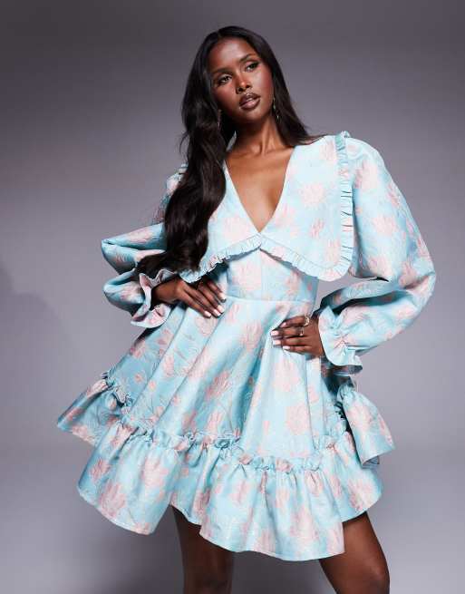 ASOS LUXE jacquard collared long sleeve tiered mini dress in blue