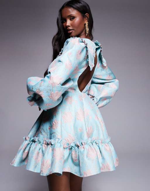 ASOS LUXE jacquard collared long sleeve tiered mini dress in blue floral