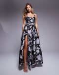 [ASOS LUXE] ASOS LUXE jacquard corsetted strappy maxi dress in mono floral-Black 12 BLACK
