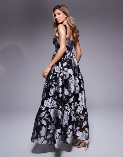ASOS LUXE jacquard corsetted strappy maxi dress in mono floral, 3 of 4