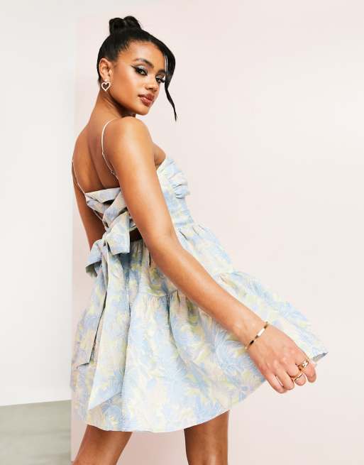 ASOS LUXE halter neck mini jacquard swing dress in blue floral